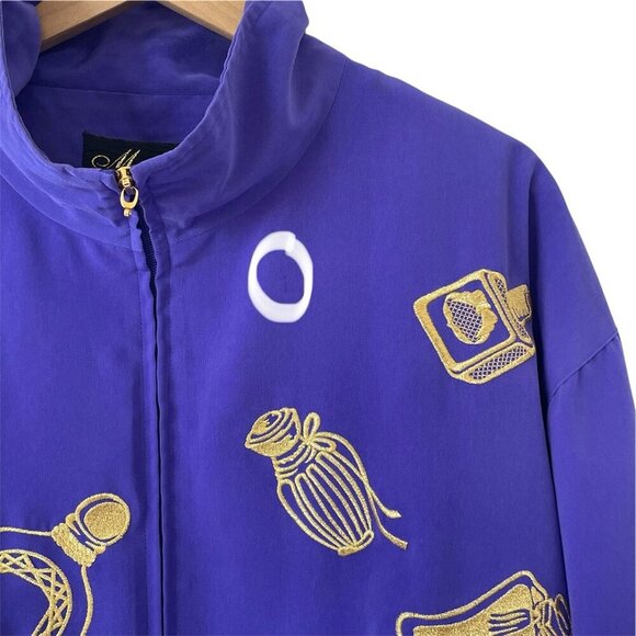 VTG 80s Women XL Windbreaker Jacket Full Zip Mock Neck Perfume Embroidery Purple - Picture 4 of 16